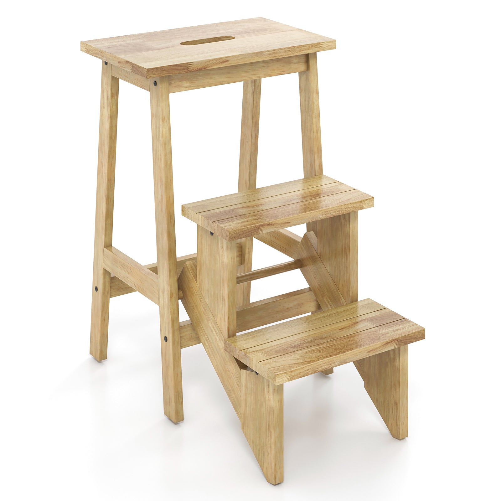 3-in-1 Rubber Wood Step Stool with Convenient Handle-Brown - Natural