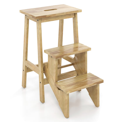 3-in-1 Rubber Wood Step Stool with Convenient Handle-Brown - Natural