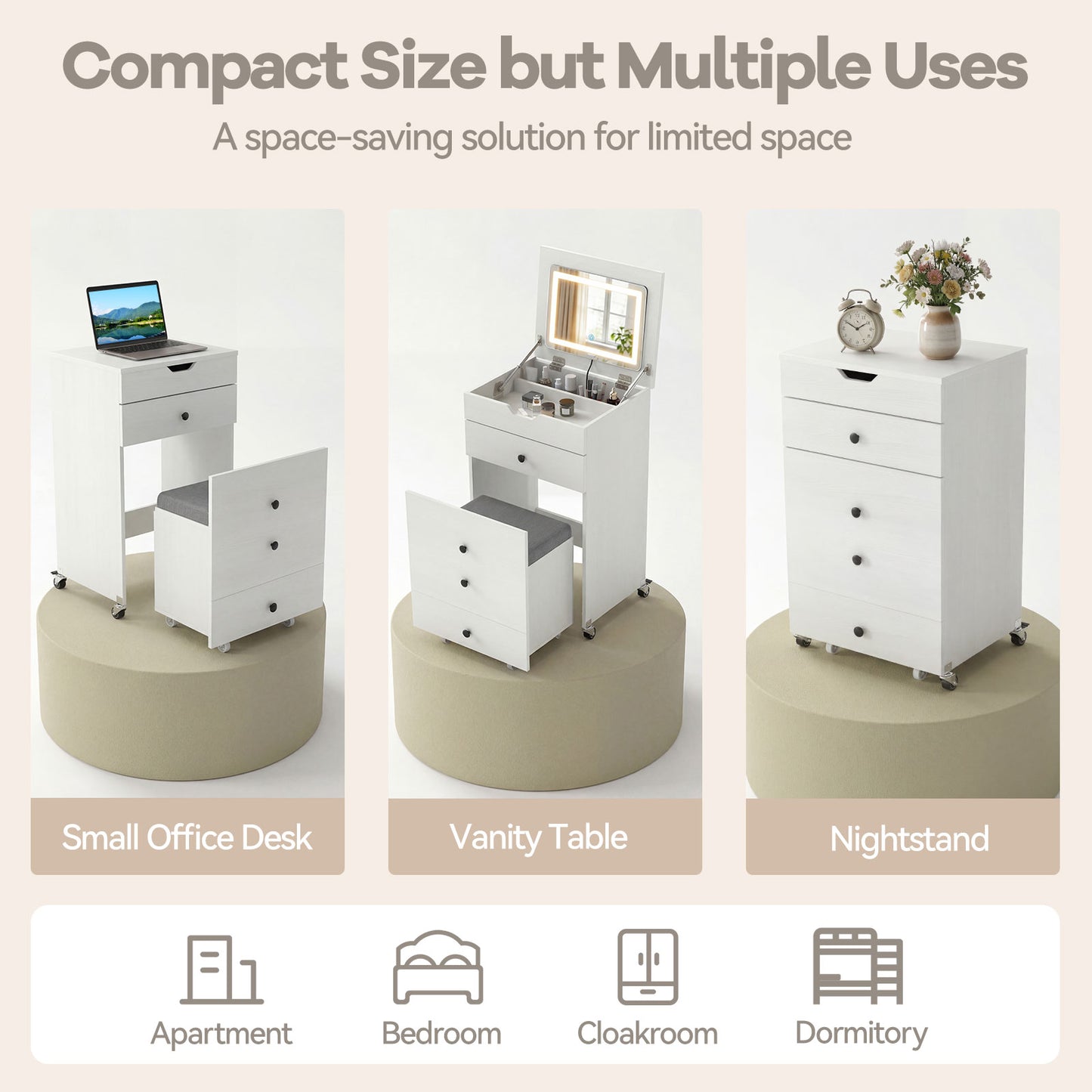 3-in-1 Small Vanity Desk Set with Flip-top Mirror and Lights with Drawers and Stool-White