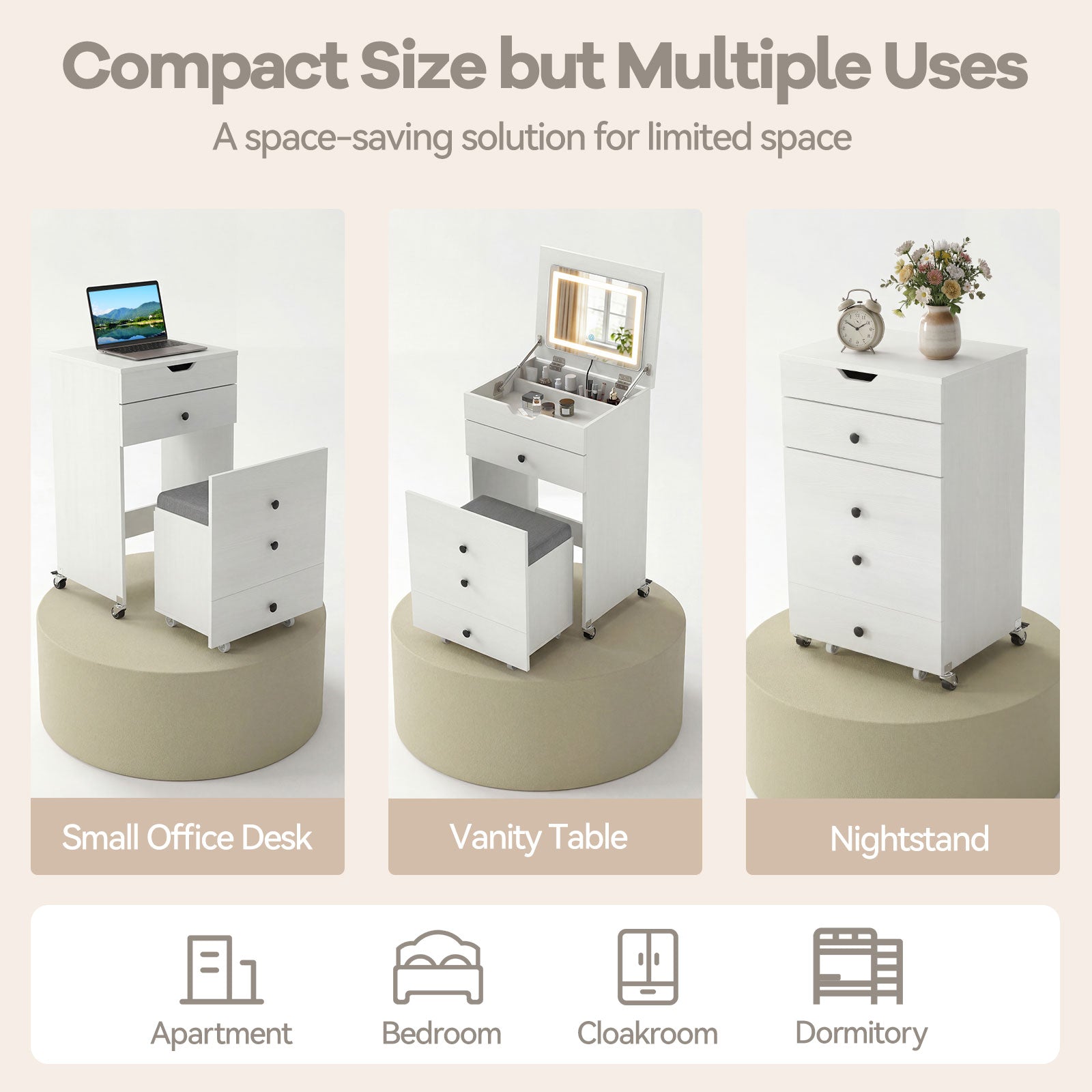 3-in-1 Small Vanity Desk Set with Flip-top Mirror and Lights with Drawers and Stool-White