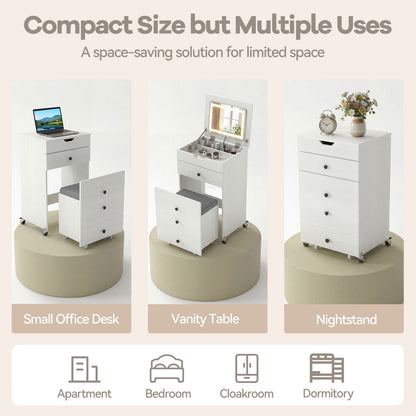3-in-1 Small Vanity Desk Set with Flip-top Mirror and Lights with Drawers and Stool-White