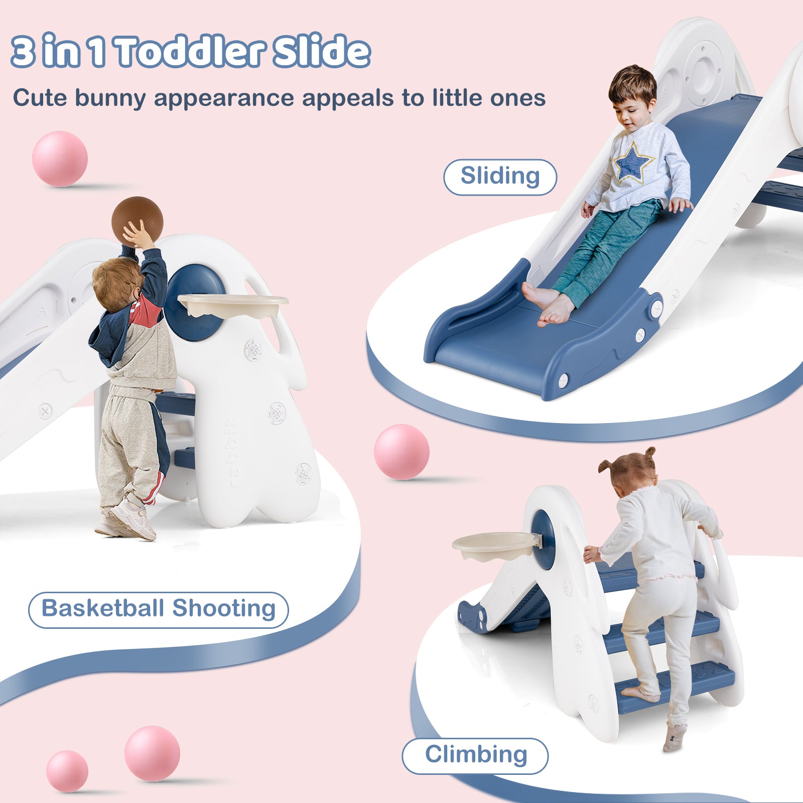 3 in 1 Toddler Slide Baby Slide Climber Playset with Basketball Hoop and Basketball-Blue
