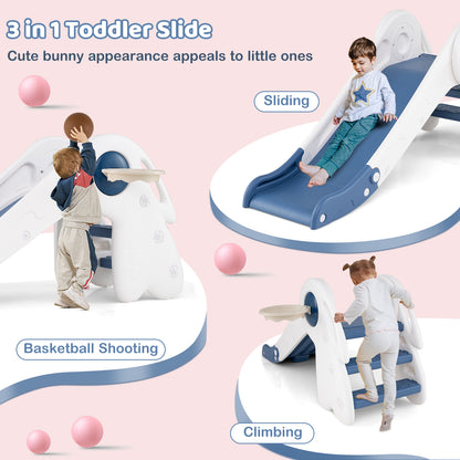 3 in 1 Toddler Slide Baby Slide Climber Playset with Basketball Hoop and Basketball-Blue