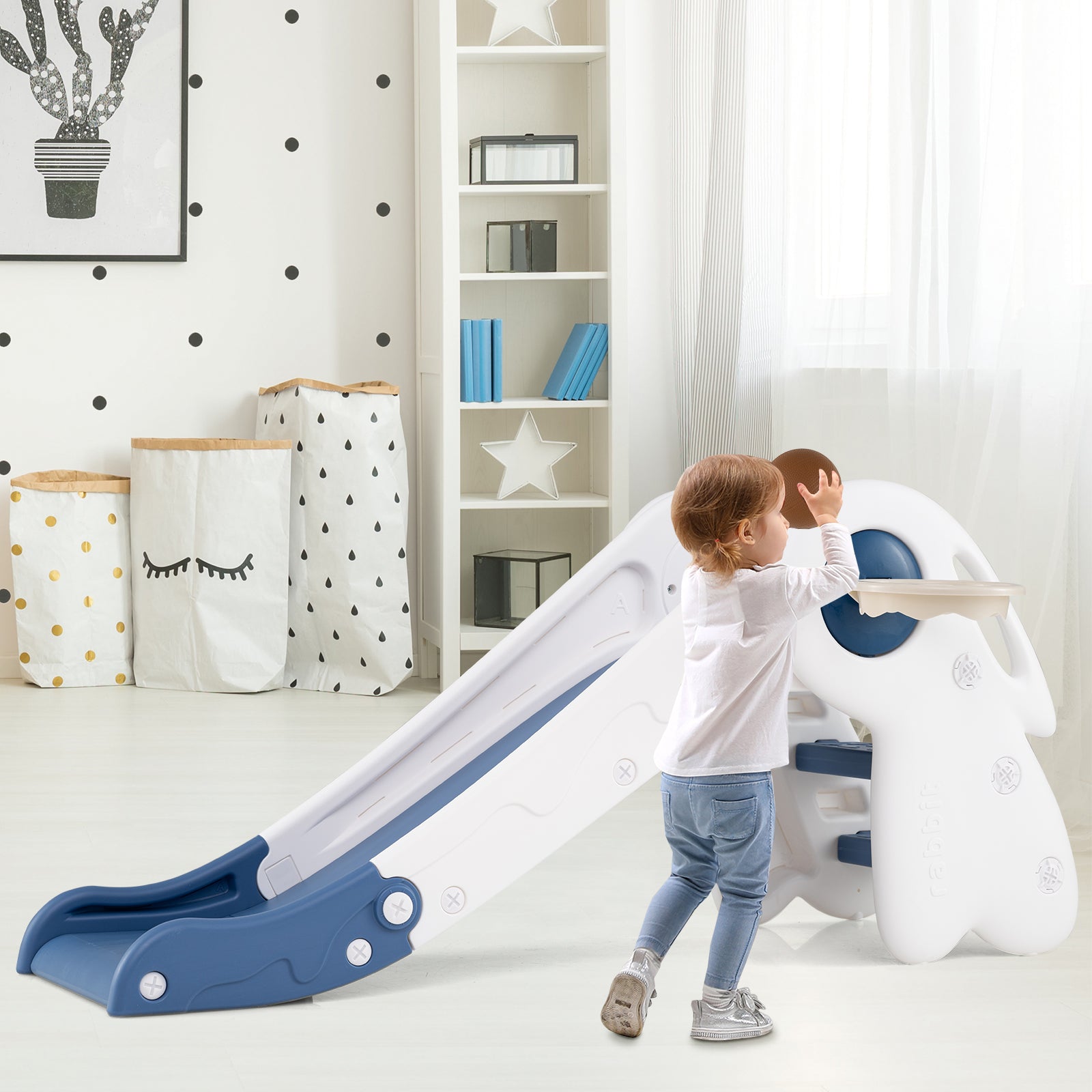 3 in 1 Toddler Slide Baby Slide Climber Playset with Basketball Hoop and Basketball-Blue