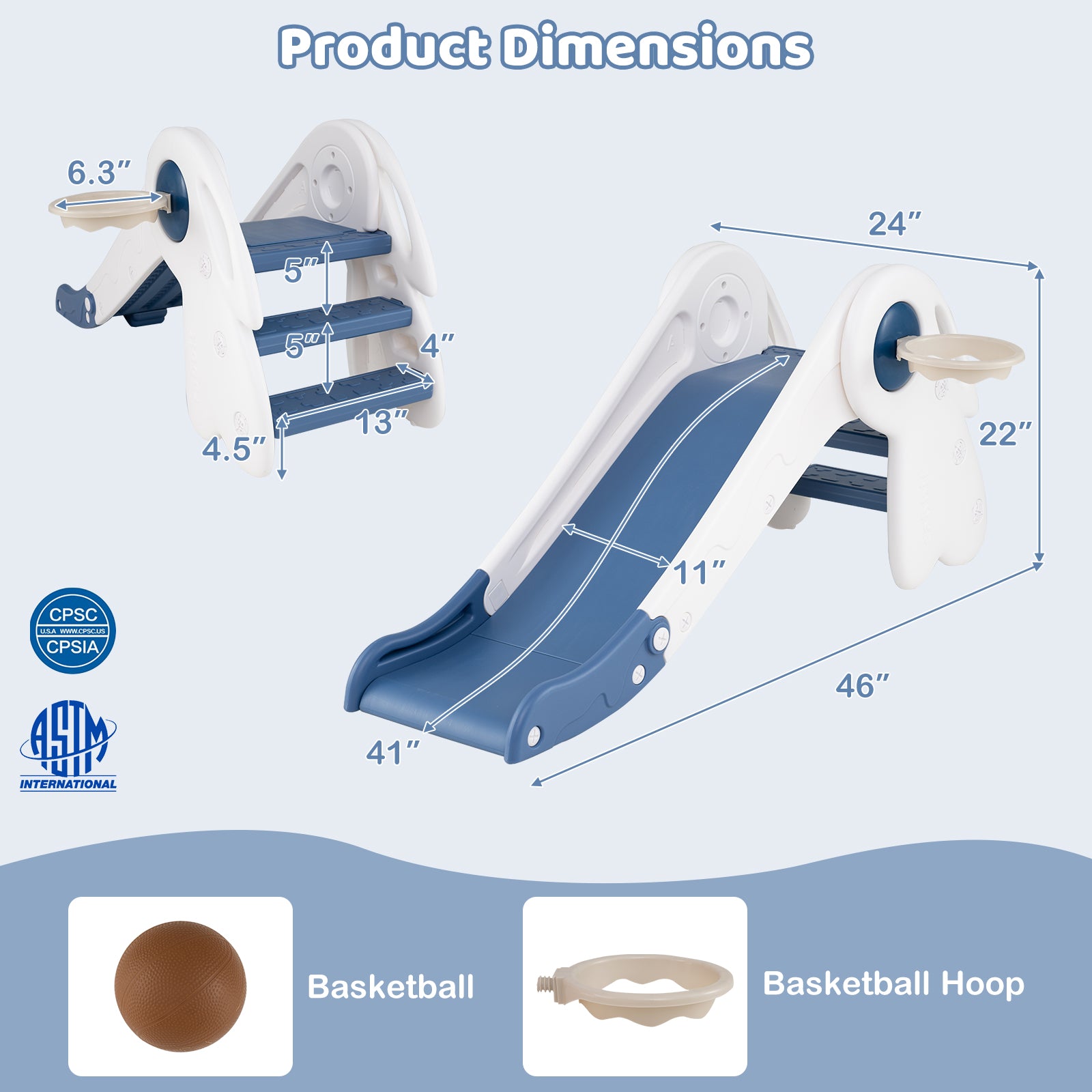 3 in 1 Toddler Slide Baby Slide Climber Playset with Basketball Hoop and Basketball-Blue