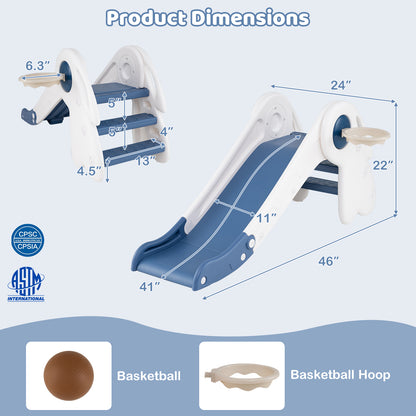 3 in 1 Toddler Slide Baby Slide Climber Playset with Basketball Hoop and Basketball-Blue