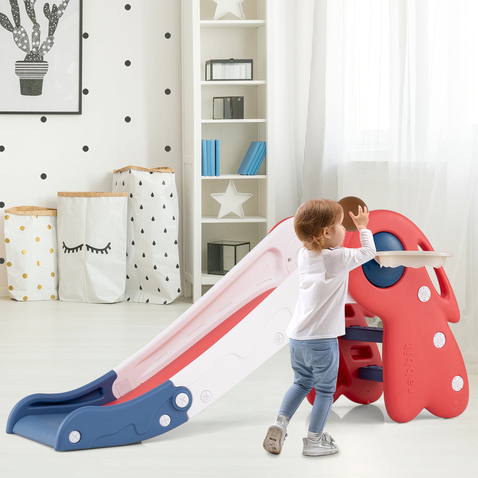 3 in 1 Toddler Slide Baby Slide Climber Playset with Basketball Hoop and Basketball-Red
