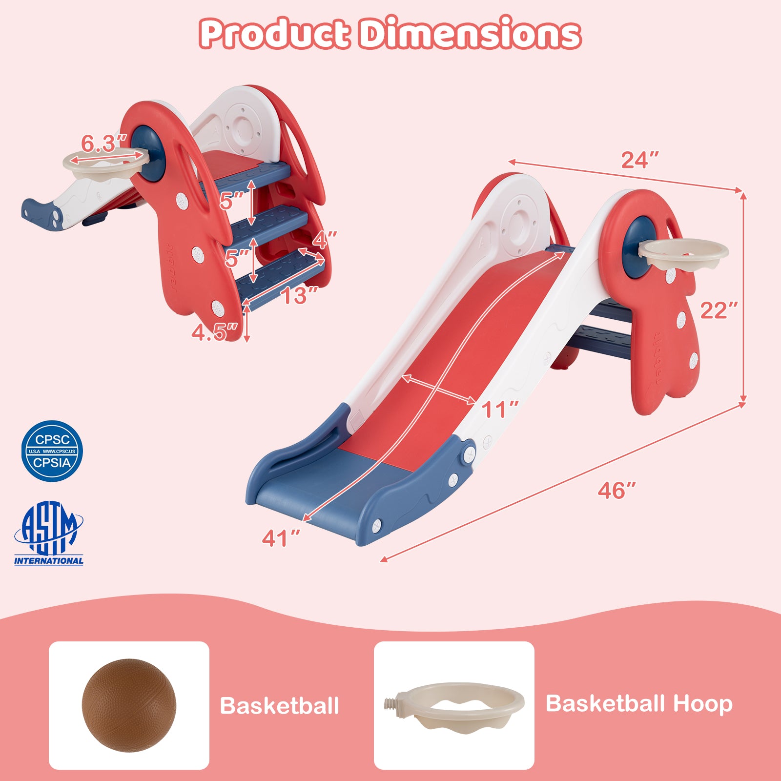 3 in 1 Toddler Slide Baby Slide Climber Playset with Basketball Hoop and Basketball-Red