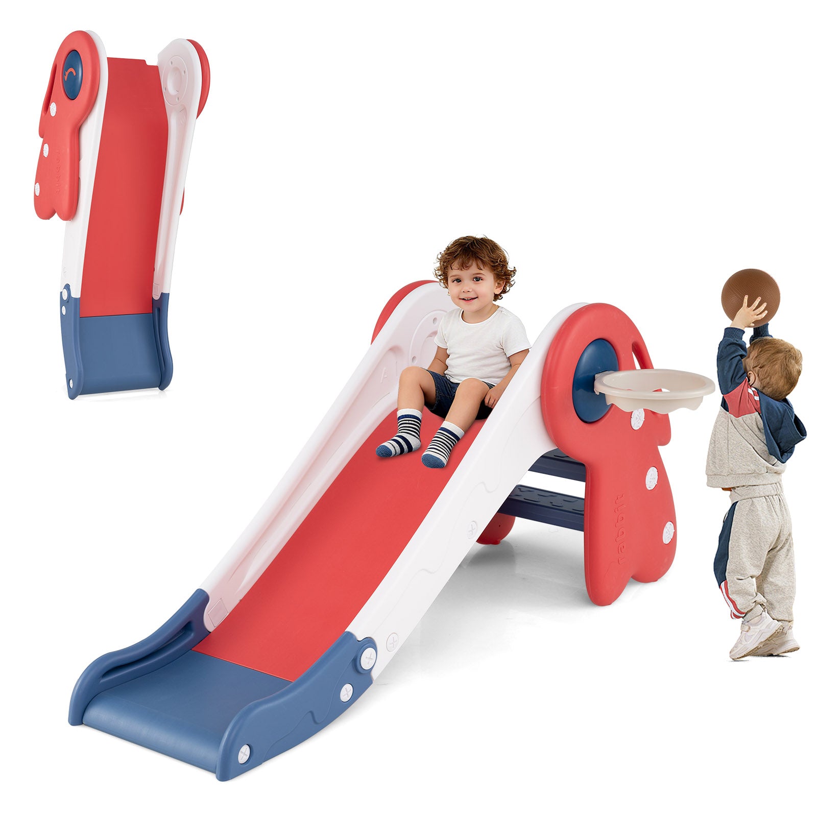 3 in 1 Toddler Slide Baby Slide Climber Playset with Basketball Hoop and Basketball-Red