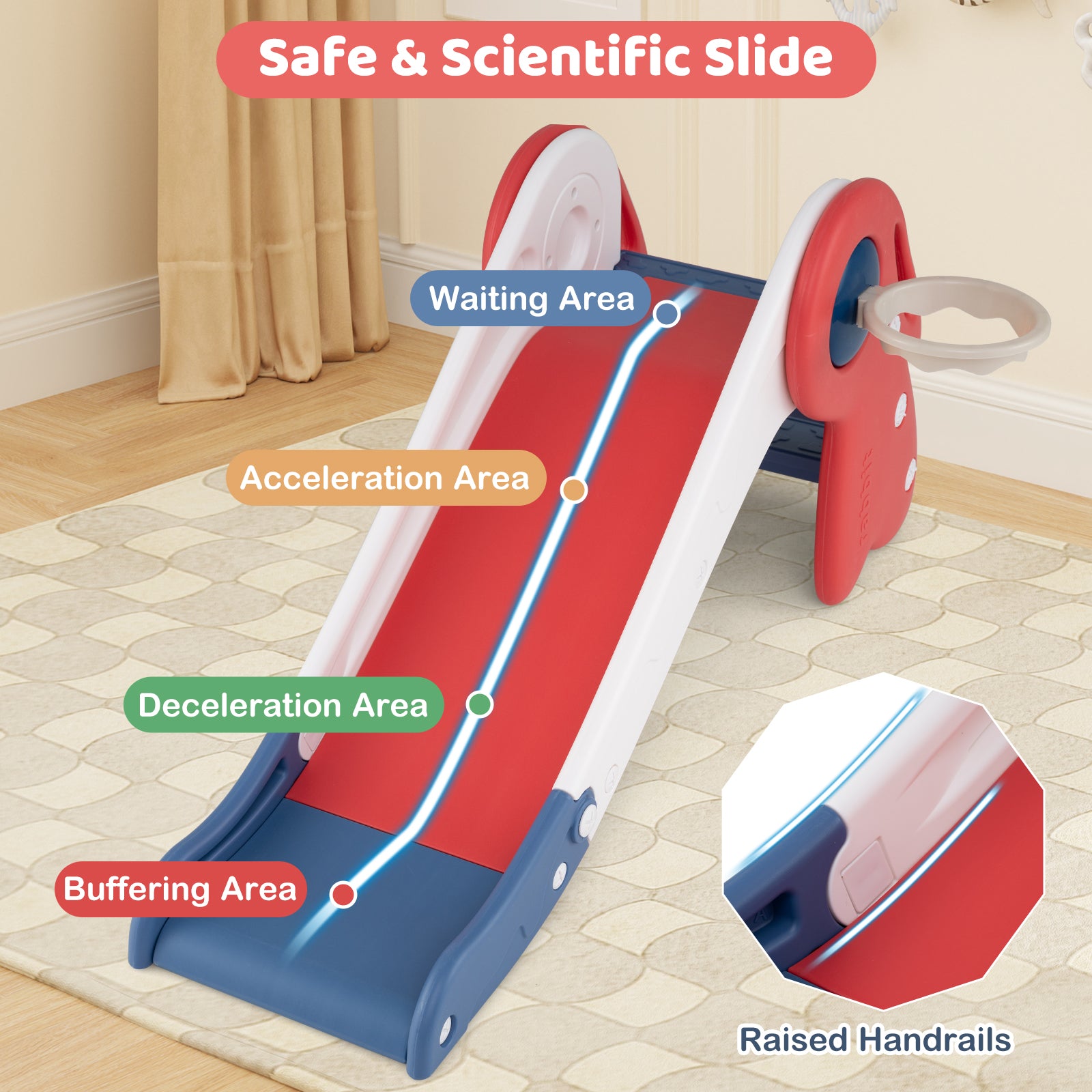 3 in 1 Toddler Slide Baby Slide Climber Playset with Basketball Hoop and Basketball-Red