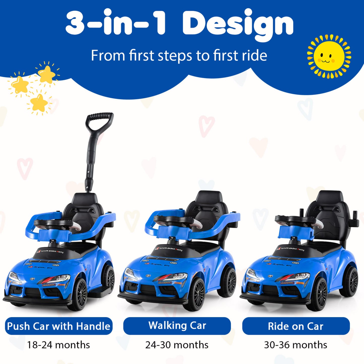 3-in-1 Toyota Licensed Foot-to-Floor Stroller Sliding Walking Toy-Blue