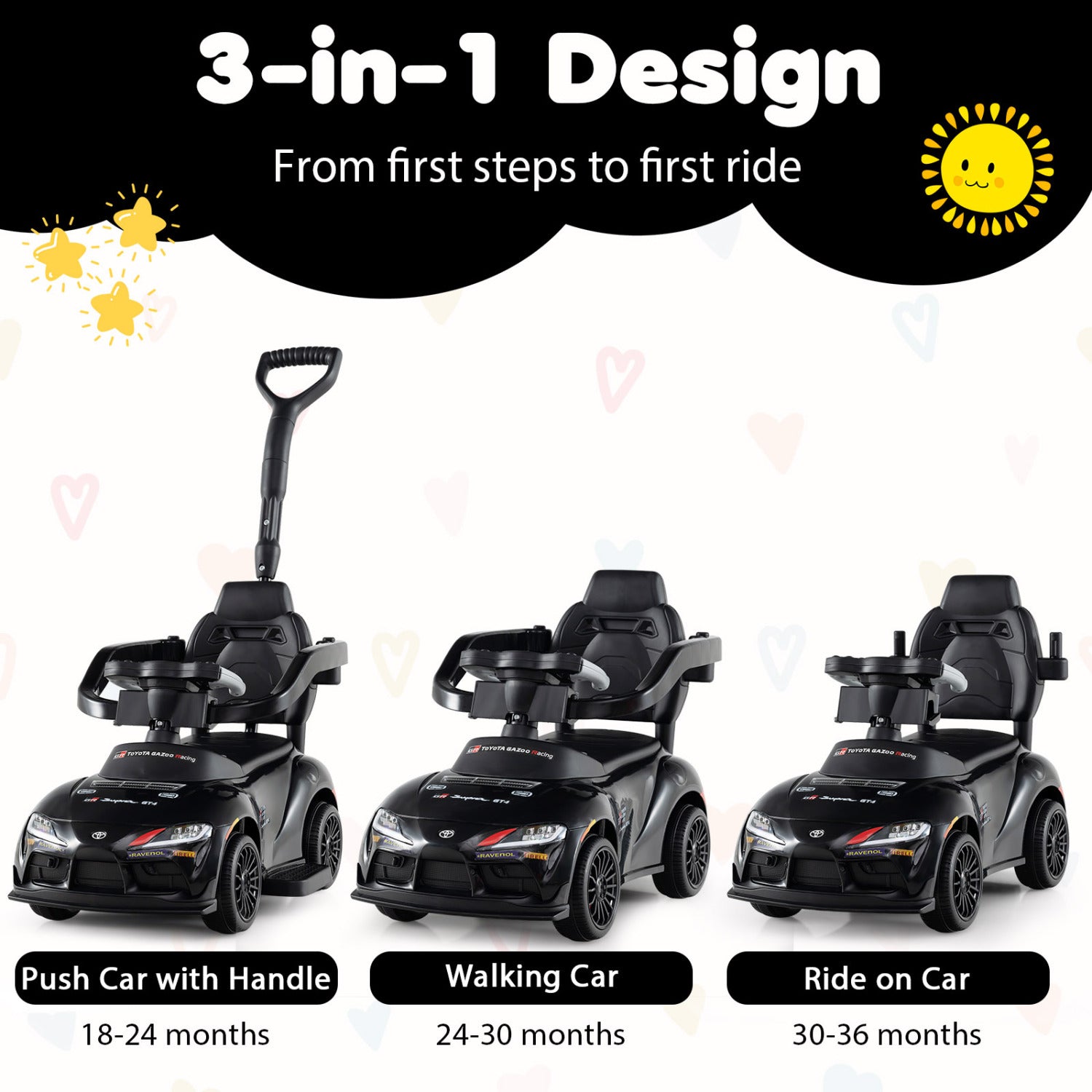 3-in-1 Toyota Licensed Foot-to-Floor Stroller Sliding Walking Toy-Black