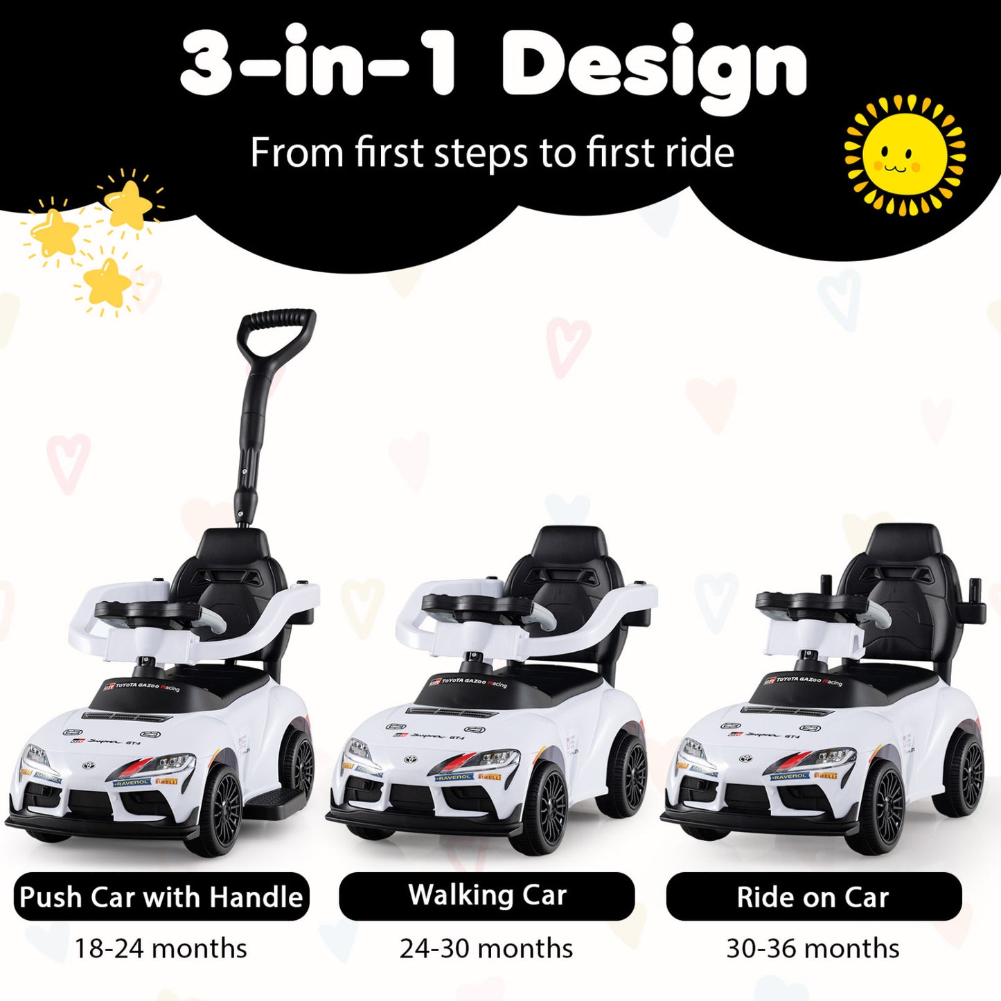3-in-1 Toyota Licensed Foot-to-Floor Stroller Sliding Walking Toy-White