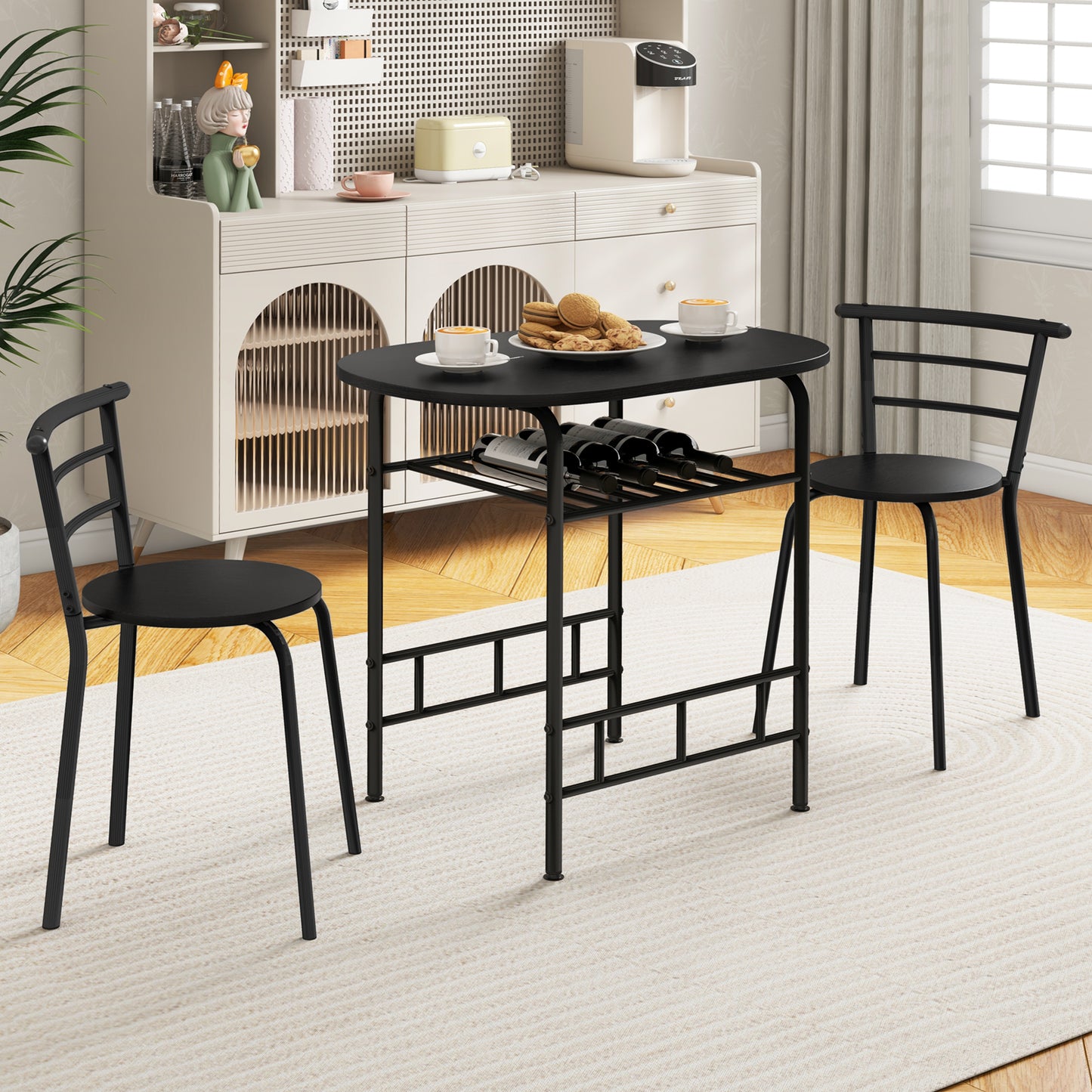 3 pcs Home Kitchen Bistro Pub Dining Table 2 Chairs Set-Black
