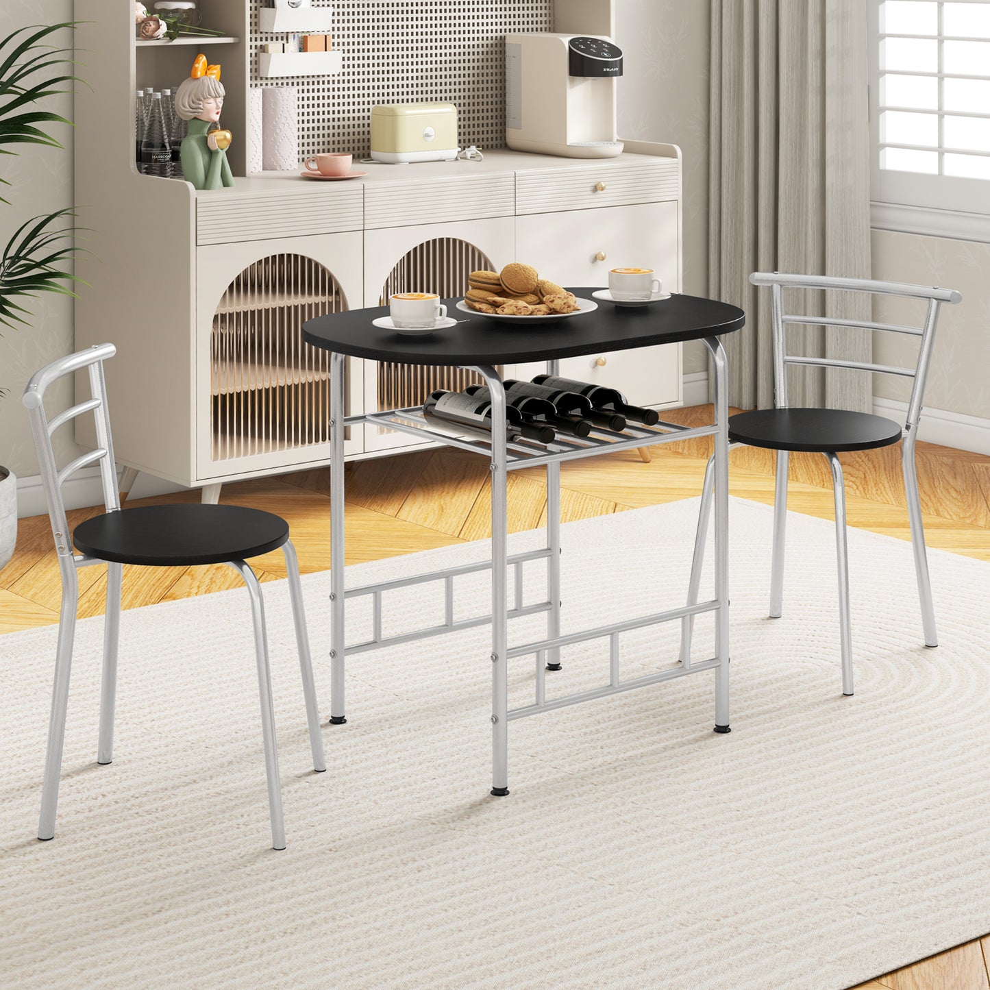 3 pcs Home Kitchen Bistro Pub Dining Table 2 Chairs Set- Silver
