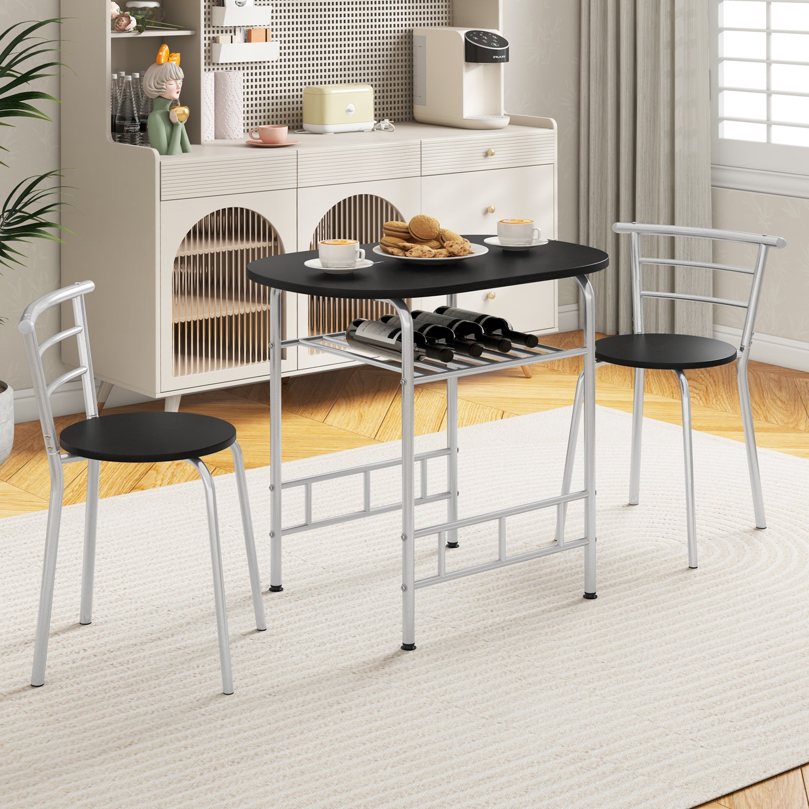 3 pcs Home Kitchen Bistro Pub Dining Table 2 Chairs Set- Silver
