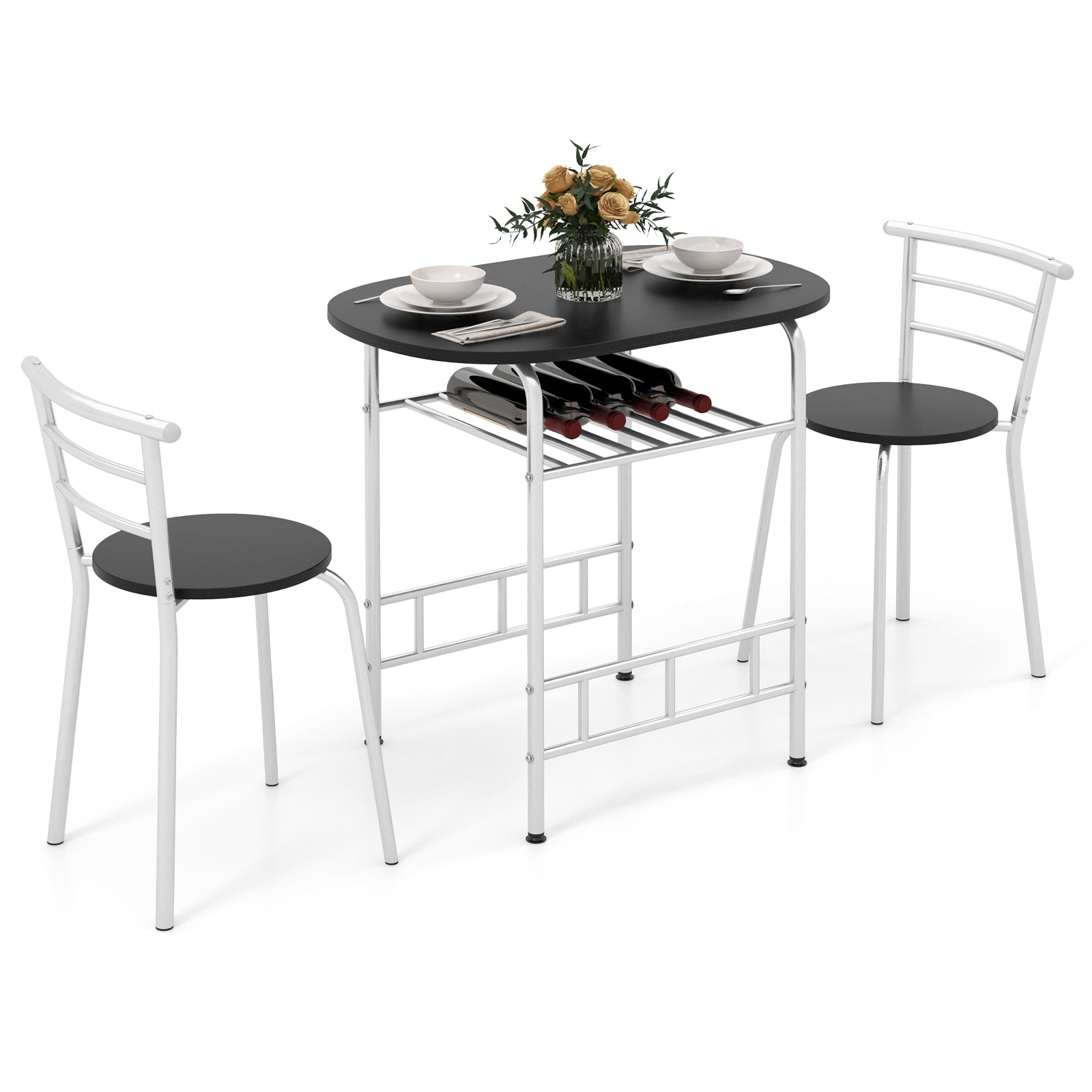 3 pcs Home Kitchen Bistro Pub Dining Table 2 Chairs Set- Silver