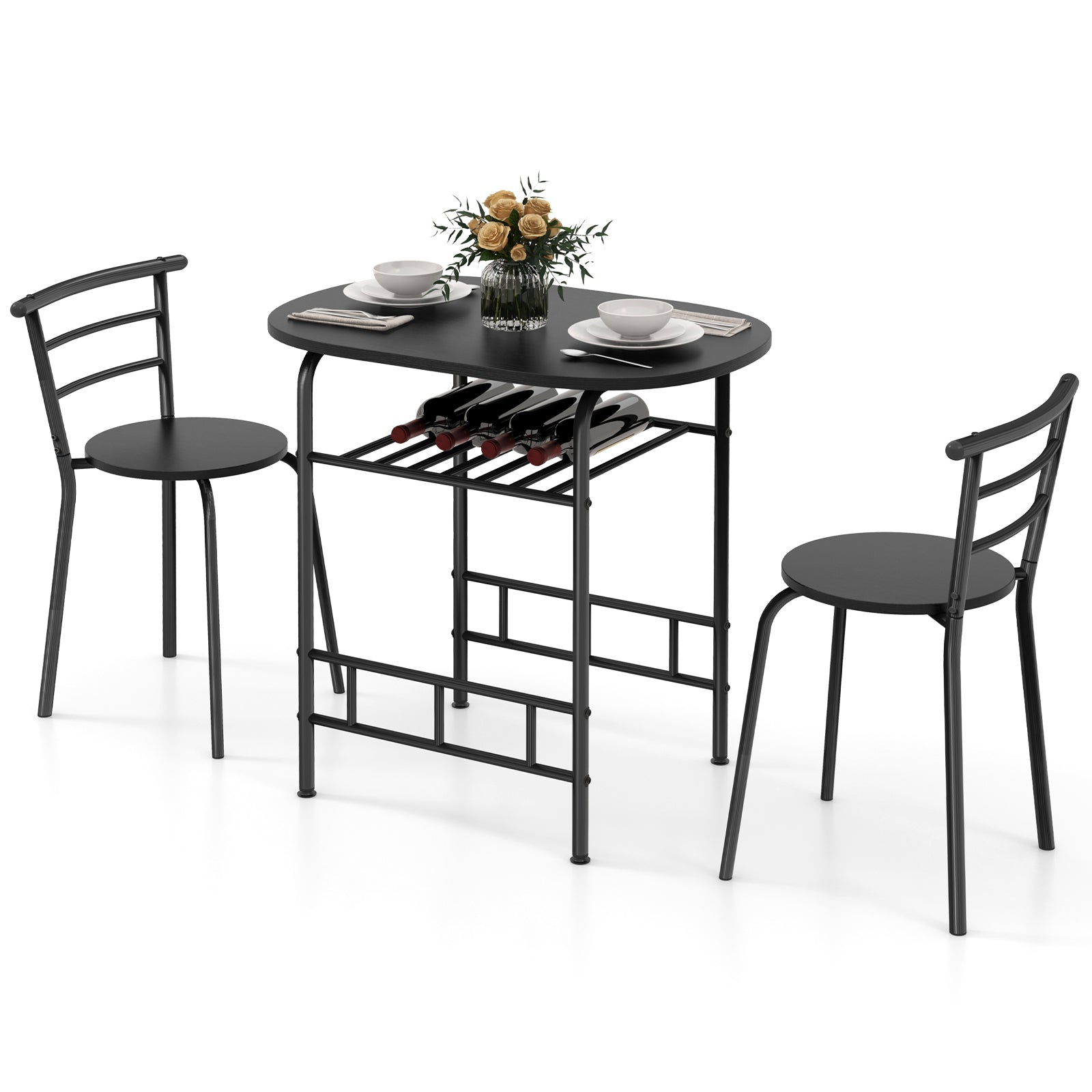 3 pcs Home Kitchen Bistro Pub Dining Table 2 Chairs Set-Black