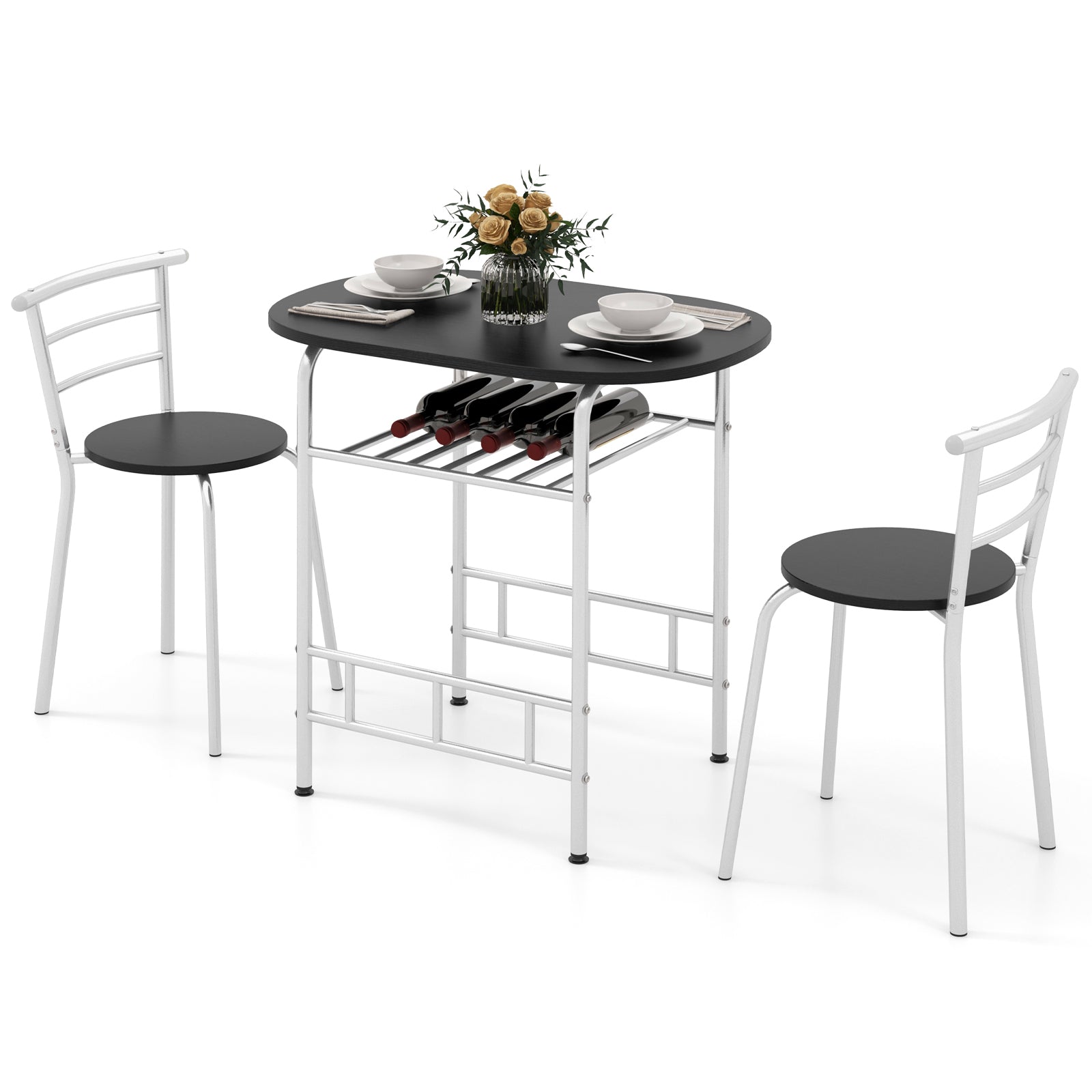 3 pcs Home Kitchen Bistro Pub Dining Table 2 Chairs Set- Silver