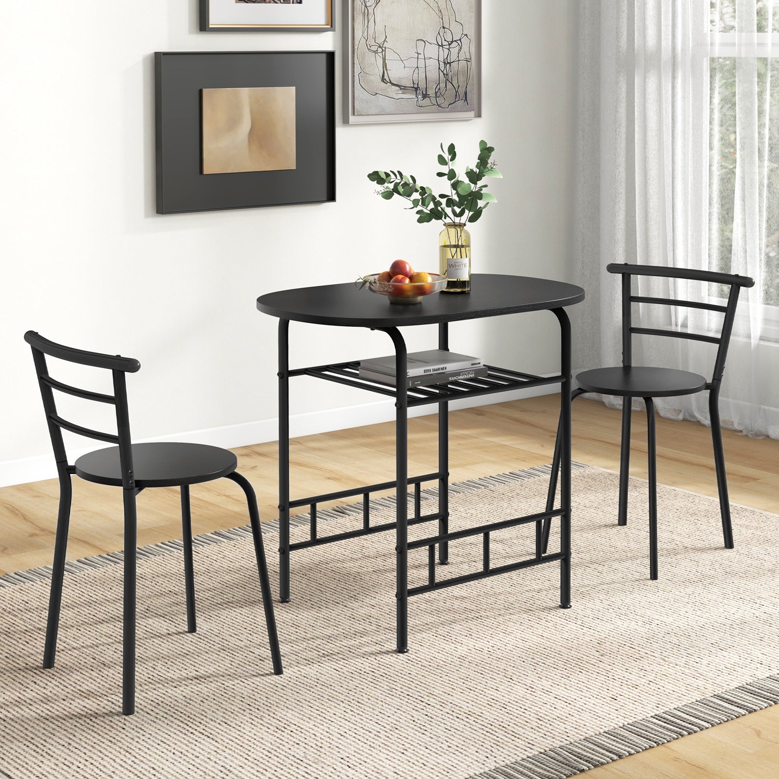3 pcs Home Kitchen Bistro Pub Dining Table 2 Chairs Set-Black