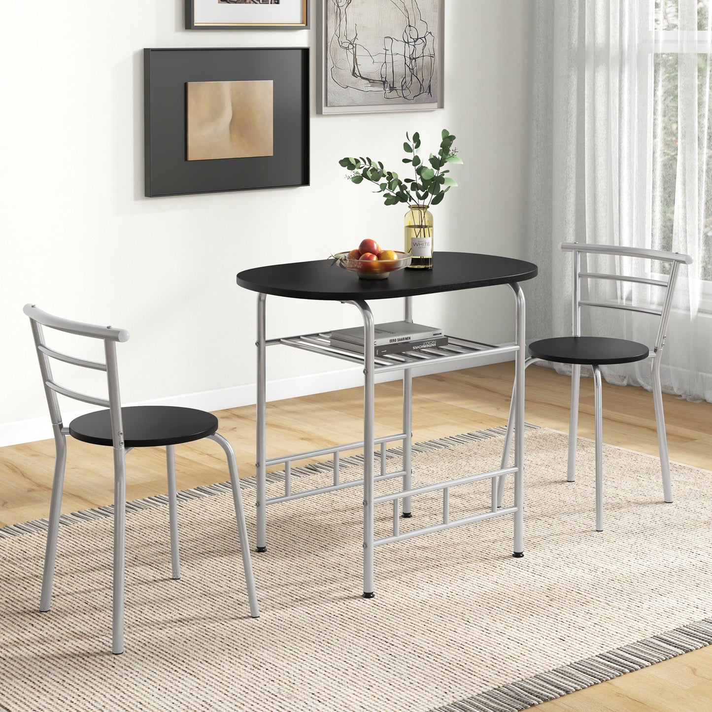 3 pcs Home Kitchen Bistro Pub Dining Table 2 Chairs Set- Silver