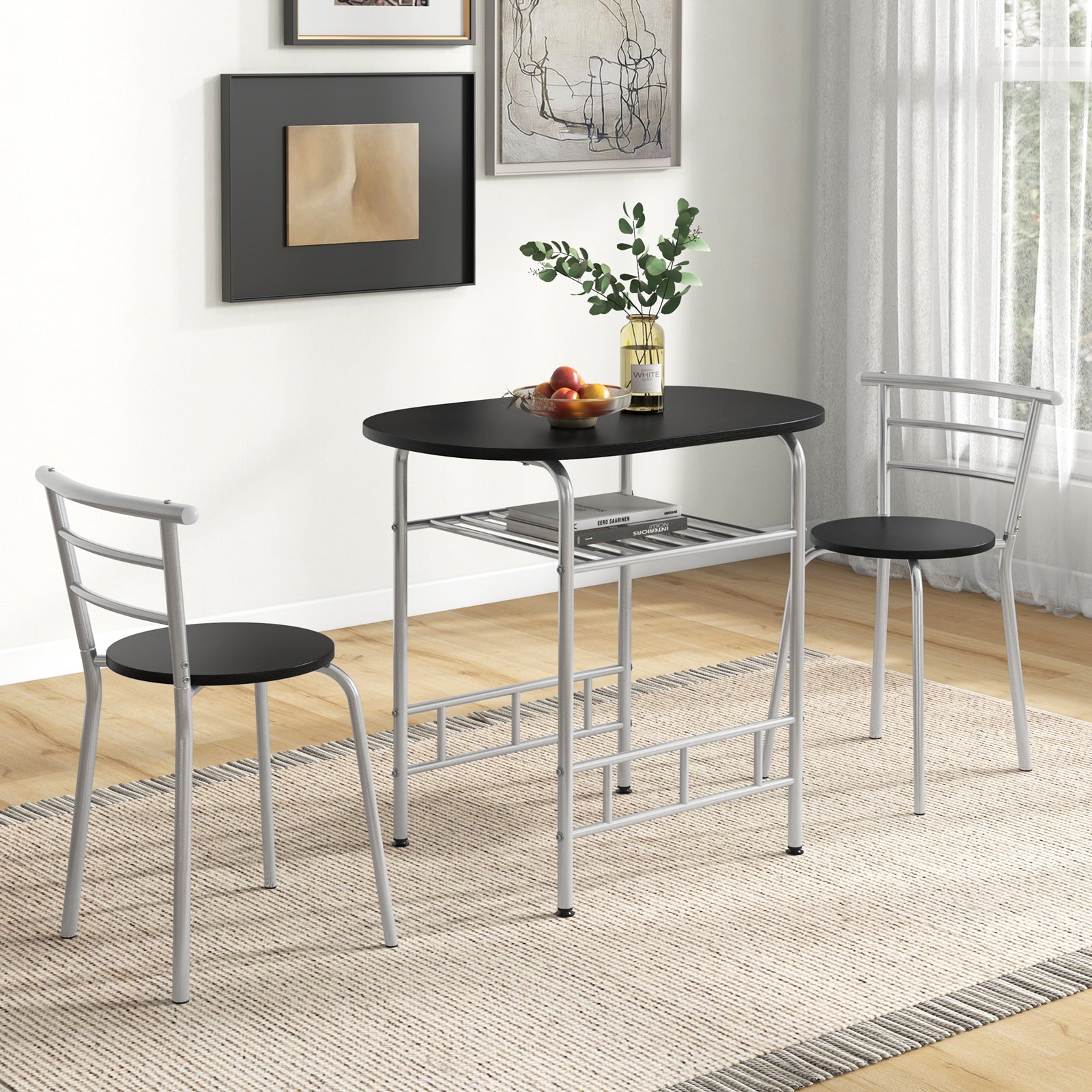3 pcs Home Kitchen Bistro Pub Dining Table 2 Chairs Set- Silver