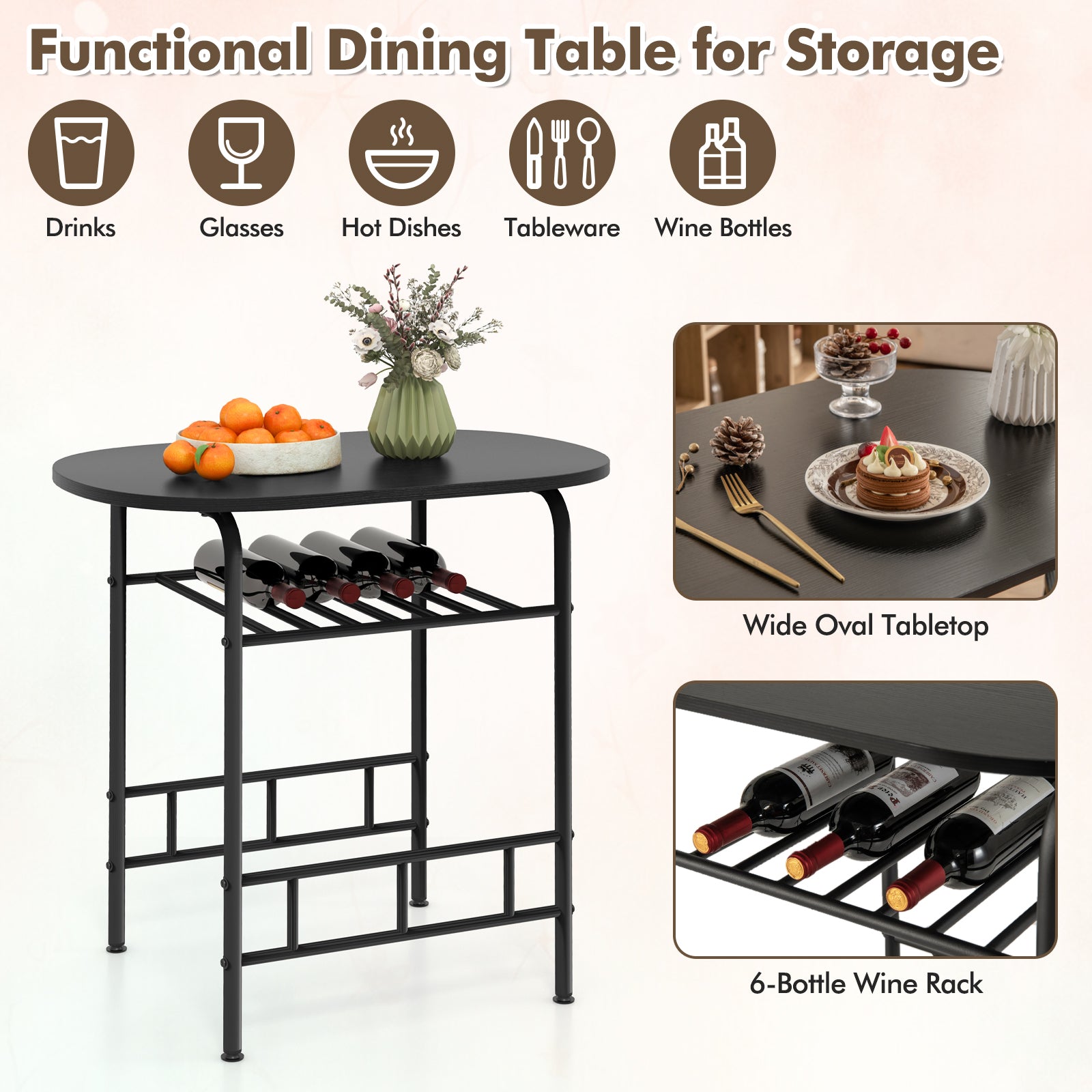 3 pcs Home Kitchen Bistro Pub Dining Table 2 Chairs Set-Black