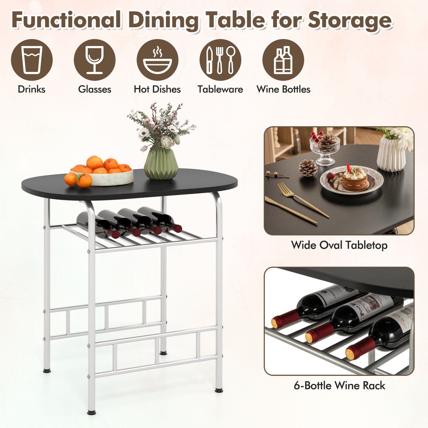 3 pcs Home Kitchen Bistro Pub Dining Table 2 Chairs Set- Silver
