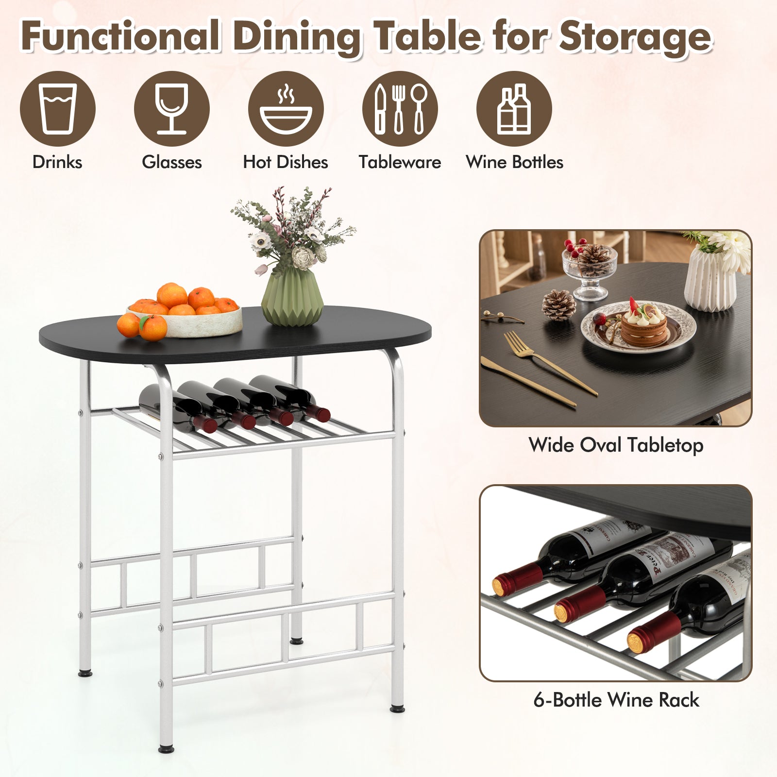 3 pcs Home Kitchen Bistro Pub Dining Table 2 Chairs Set- Silver