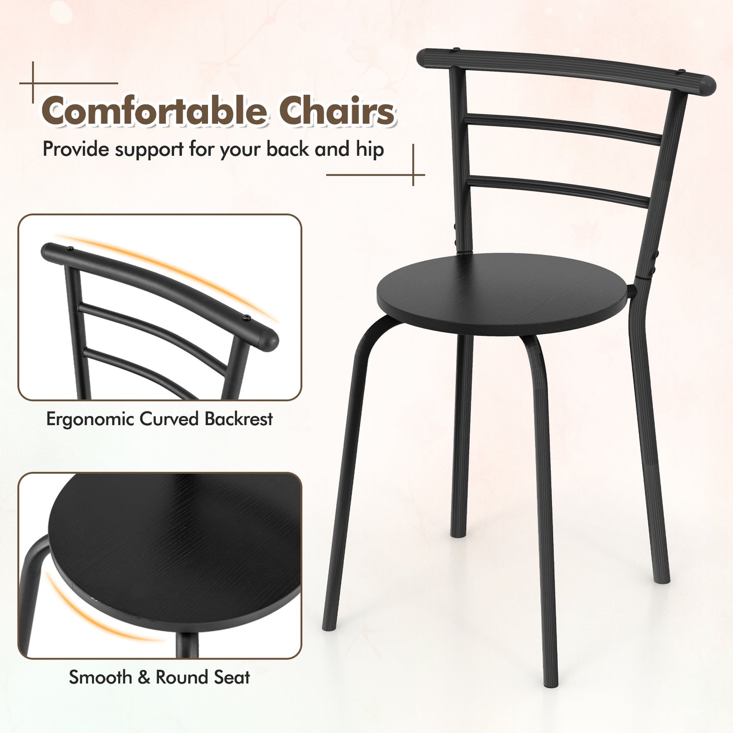 3 pcs Home Kitchen Bistro Pub Dining Table 2 Chairs Set-Black