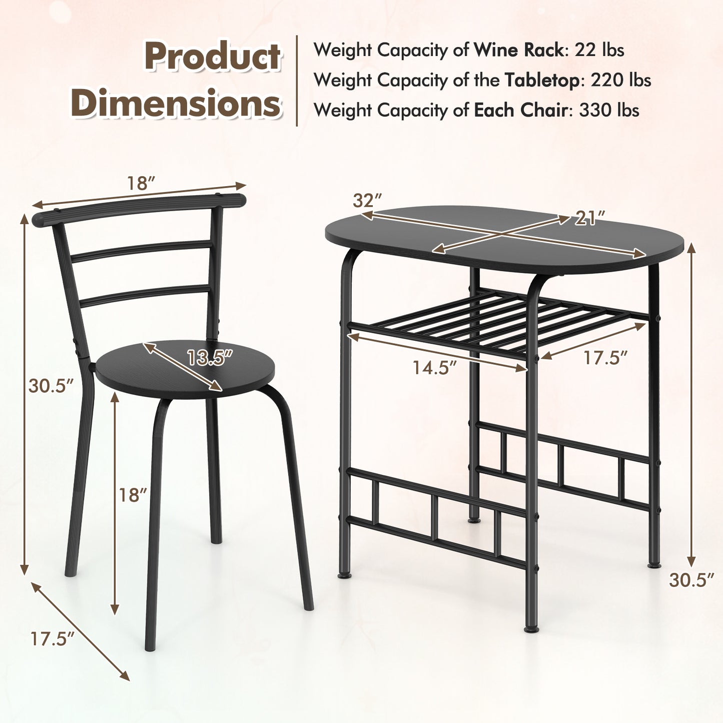 3 pcs Home Kitchen Bistro Pub Dining Table 2 Chairs Set-Black