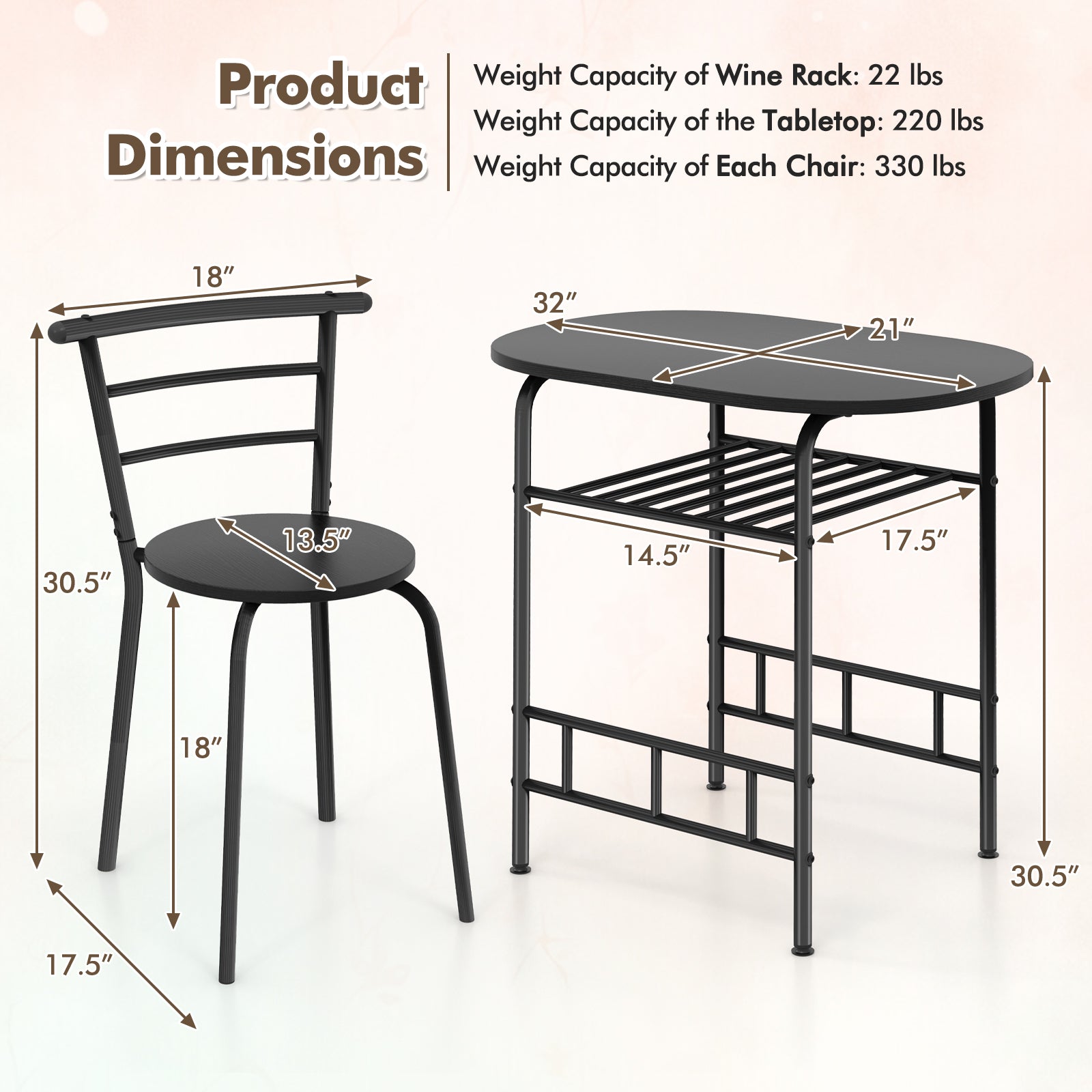 3 pcs Home Kitchen Bistro Pub Dining Table 2 Chairs Set-Black