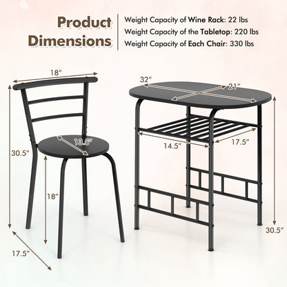 3 pcs Home Kitchen Bistro Pub Dining Table 2 Chairs Set-Black