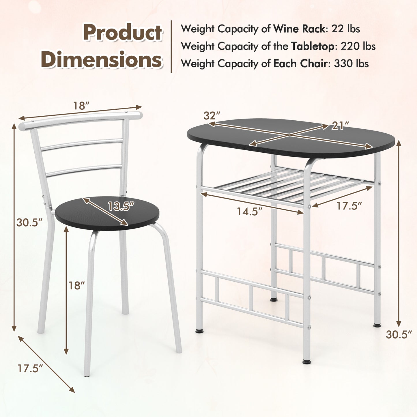 3 pcs Home Kitchen Bistro Pub Dining Table 2 Chairs Set- Silver