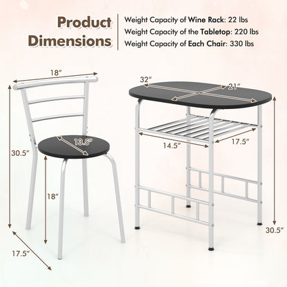 3 pcs Home Kitchen Bistro Pub Dining Table 2 Chairs Set- Silver