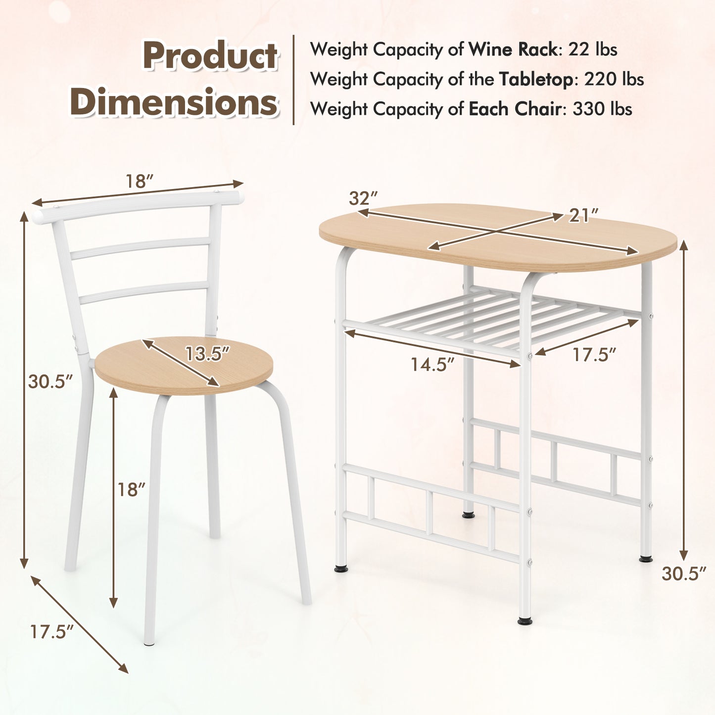 3 pcs Home Kitchen Bistro Pub Dining Table 2 Chairs Set-Tan