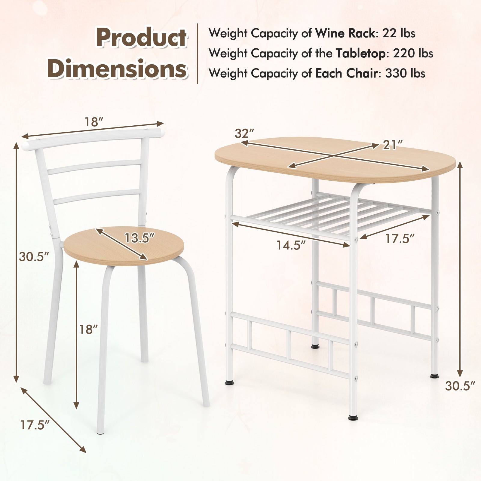 3 pcs Home Kitchen Bistro Pub Dining Table 2 Chairs Set-Tan