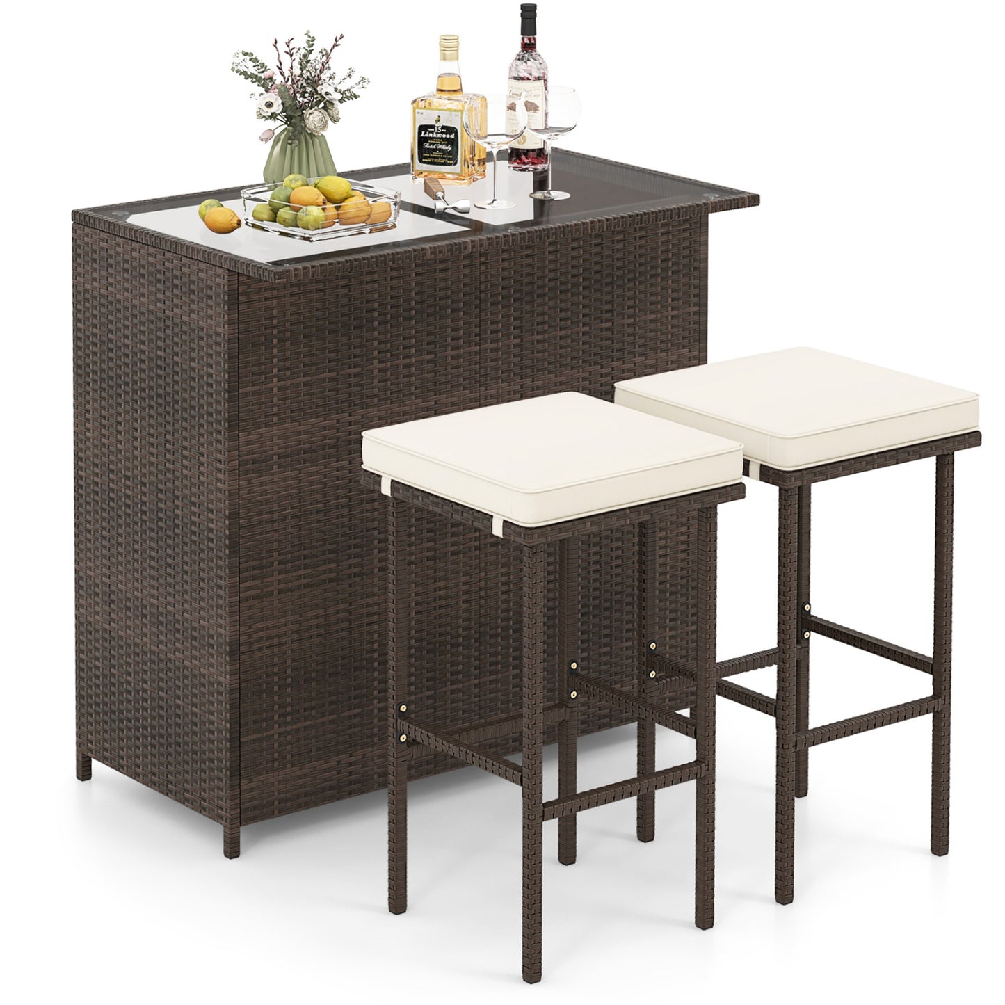 3PCS Patio Rattan Wicker Bar Table Stools Dining Set-Turquoise - Default