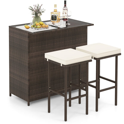 3PCS Patio Rattan Wicker Bar Table Stools Dining Set-Turquoise - Default