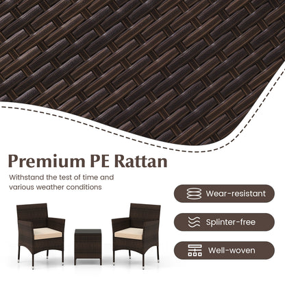 3 Pieces Outdoor Conversation Set with Cushioned Seat and Glass Tabletop