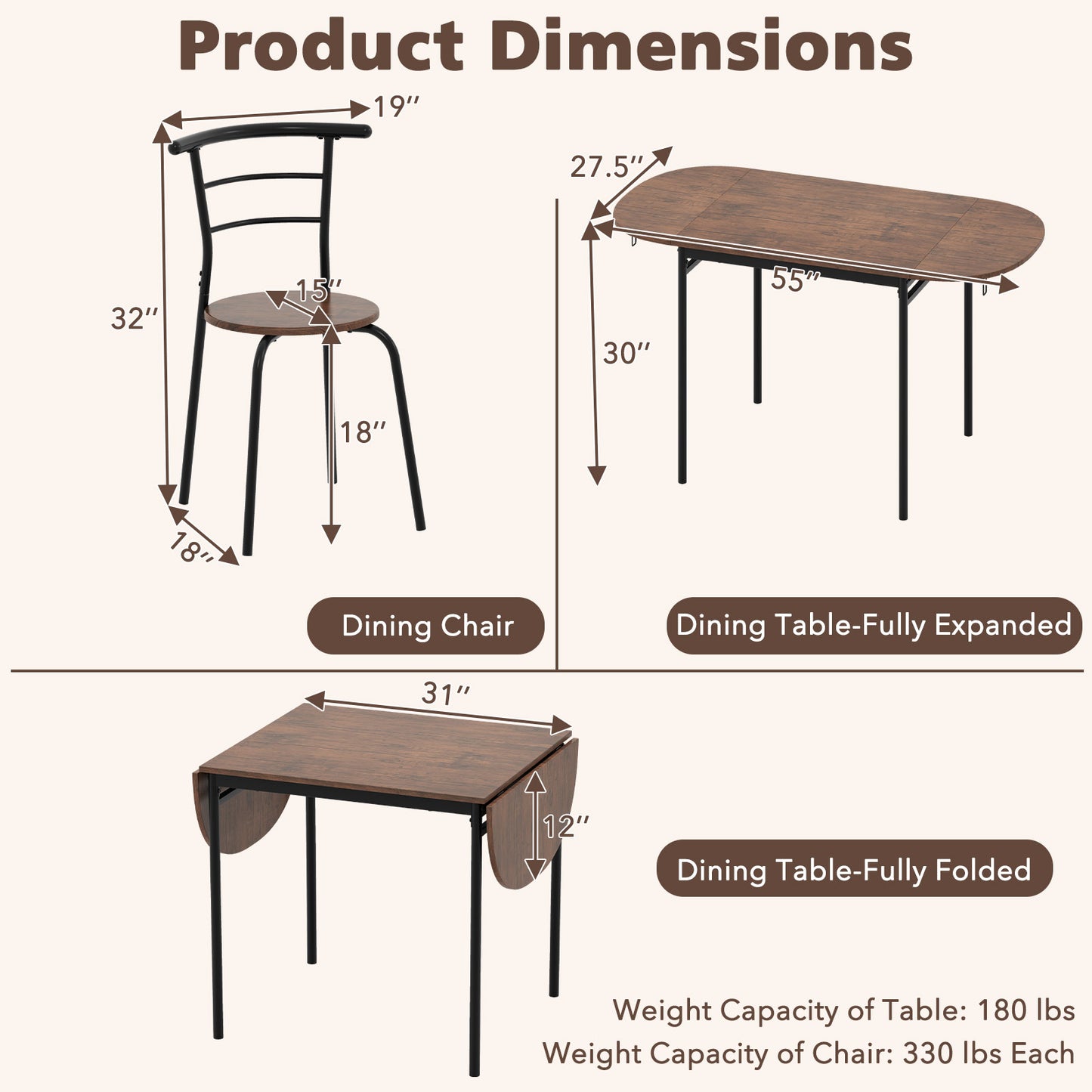 3 Pieces Dining Set with 2 Chairs and Modern Kitchen Table for Small Space-Brown