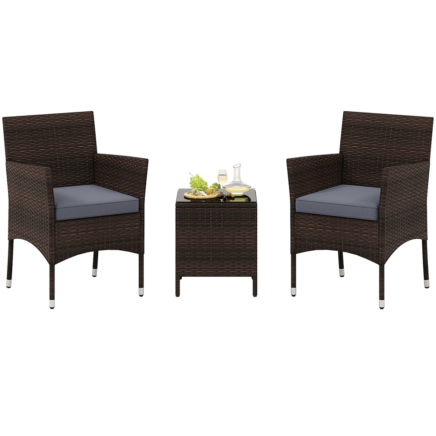 3 Pieces Outdoor Conversation Set with Cushioned Seat and Glass Tabletop-Black - Gray