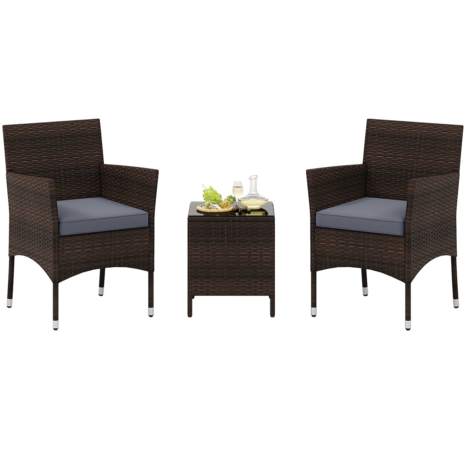 3 Pieces Outdoor Conversation Set with Cushioned Seat and Glass Tabletop-Black - Gray