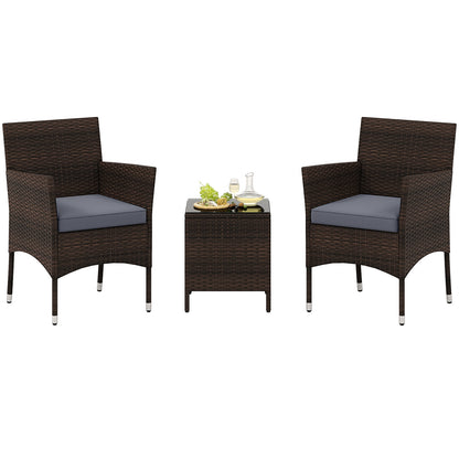 3 Pieces Outdoor Conversation Set with Cushioned Seat and Glass Tabletop-Black - Gray