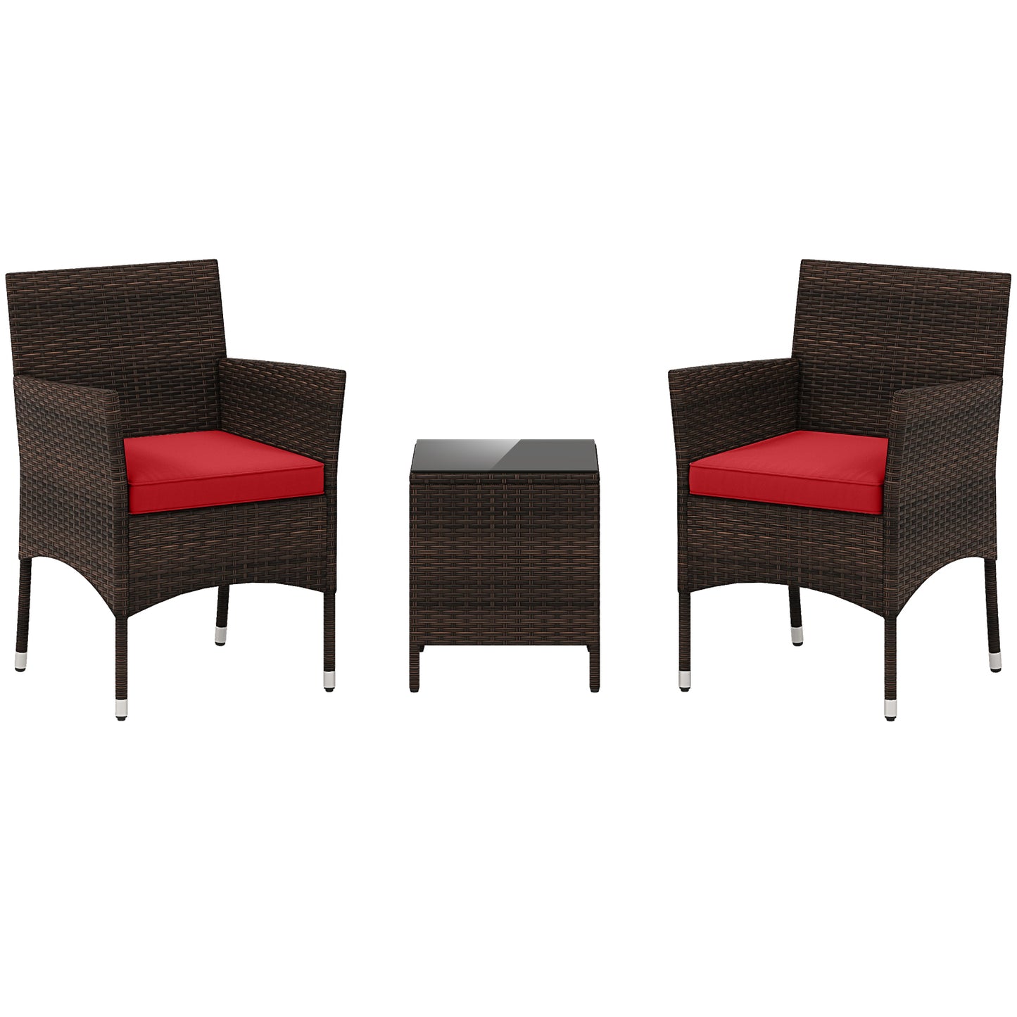 3 Pieces Outdoor Conversation Set with Cushioned Seat and Glass Tabletop-Black - Red