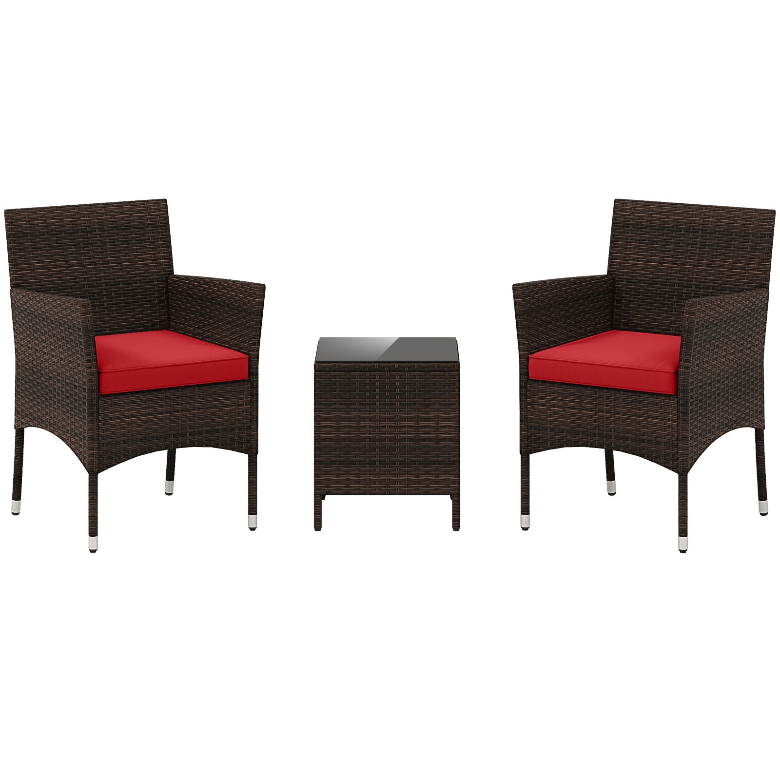 3 Pieces Outdoor Conversation Set with Cushioned Seat and Glass Tabletop-Black - Red