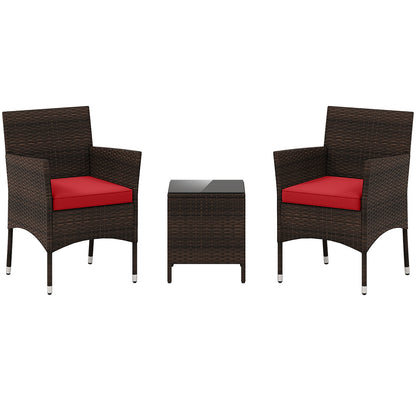 3 Pieces Outdoor Conversation Set with Cushioned Seat and Glass Tabletop-Black - Red