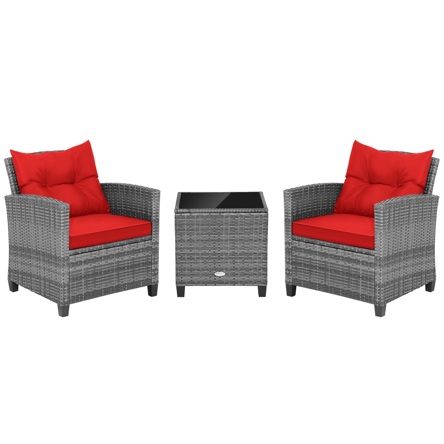 3 Pieces Outdoor Wicker Conversation Set with Tempered Glass Tabletop-Red - Red