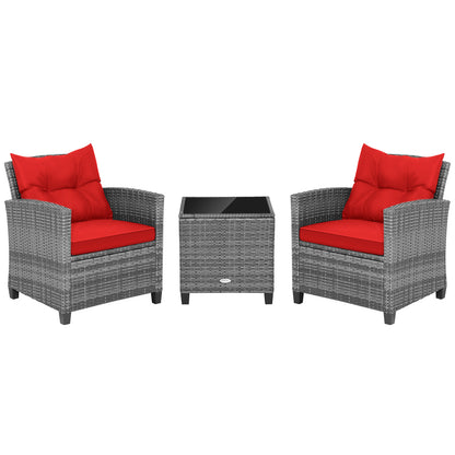 3 Pieces Outdoor Wicker Conversation Set with Tempered Glass Tabletop-Red - Red