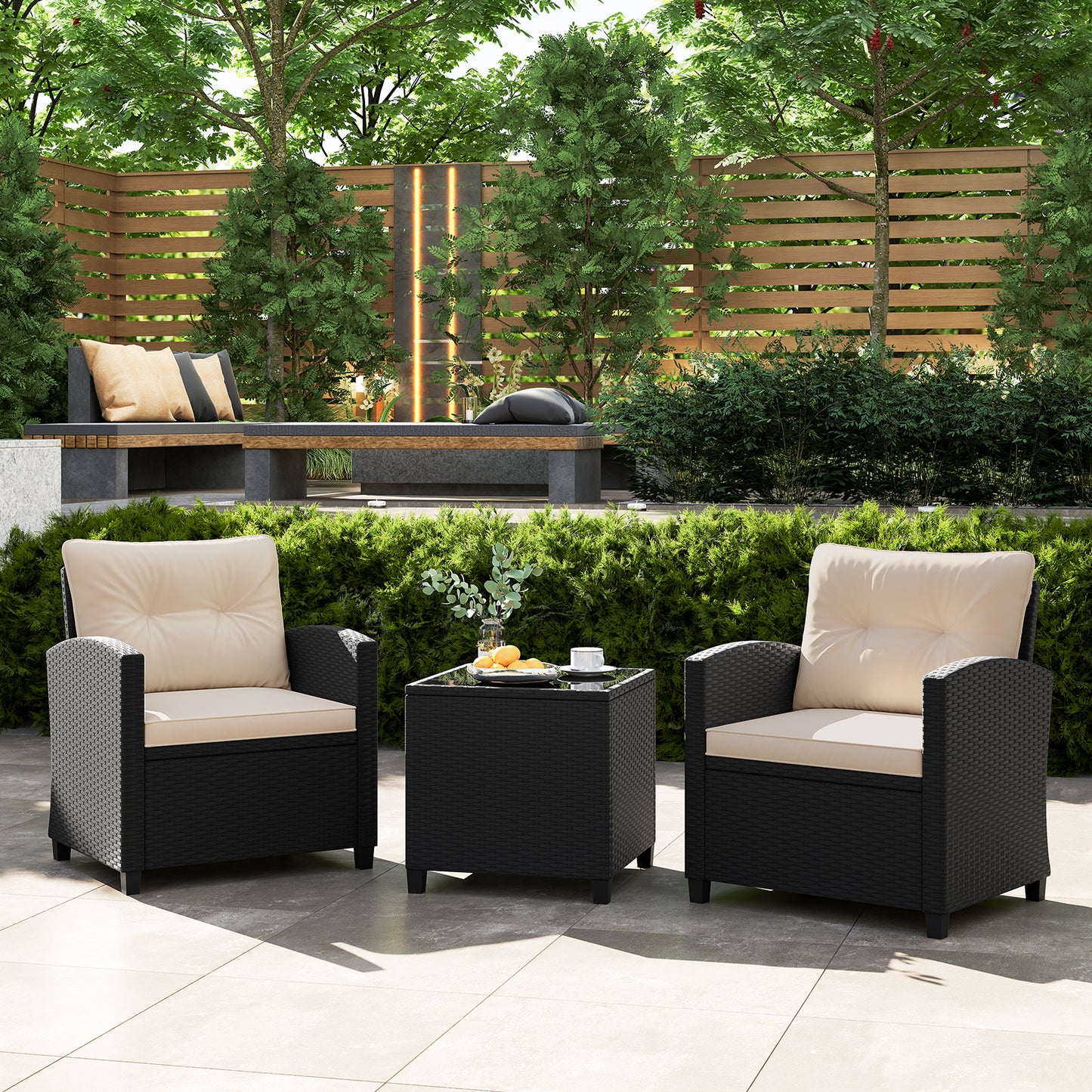 3 Pieces Patio Furniture Set with Tempered Glass Coffee Table